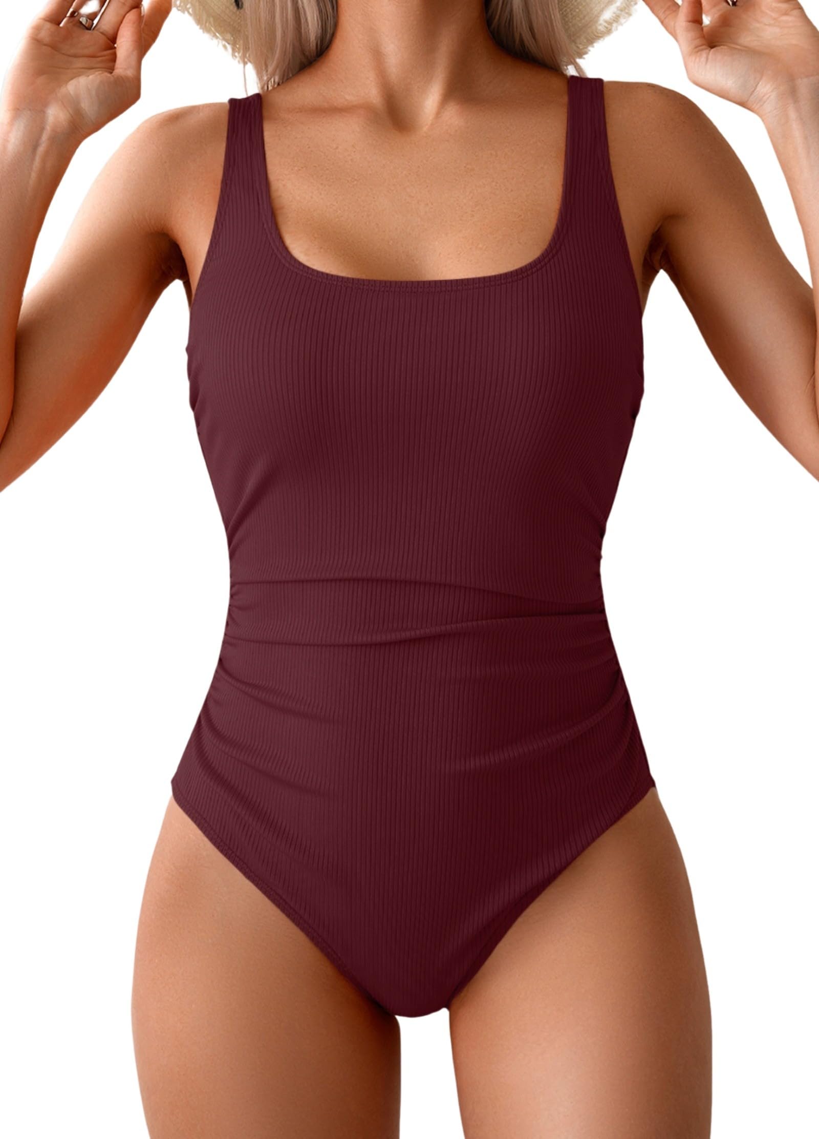 Photo 1 of Aidonger One Piece Swimsuit for Women Ribbed Tummy Control Bathing Suit Ruched Swim Suit Slimming Swimwear Wine Red