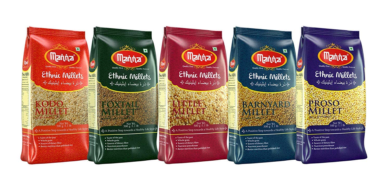 Manna Millets Natural Grains Combo Pack of 5 Foxtail 500g, Kodo
