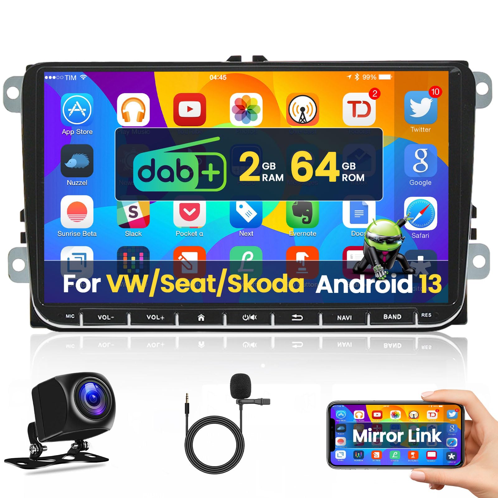 2+64G Car Stereo with DAB/DAB+ for VW Passat Jetta Seat Golf Skoda Polo Tiguan MK5 MK6 T5 Android 13 9 Inch Touchscreen Car Radio with GPS Navi WiFi Mirror Link FM RDS SWC Canbus Reverse Camera Mic