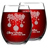 Merry Christmas and Happy New Year Stemless Wine Glass Set, 15 Oz Funny Stemless Wine Glasses for Women Friends Men, Gift Ide