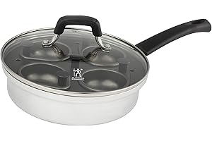 HENCKELS Non-Stick Cup 4 Eggs Poacher with Glass Lid, Silver, Black,