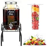 Glass Drink Dispensers for Parties, Beverage Dispenser with Stand, Ice Cylinder and Stainless Steel Spigot 100% Leakproof, Beverage Dispenser for Lemonade Sun Tea (2 Gallon Single with Stand)