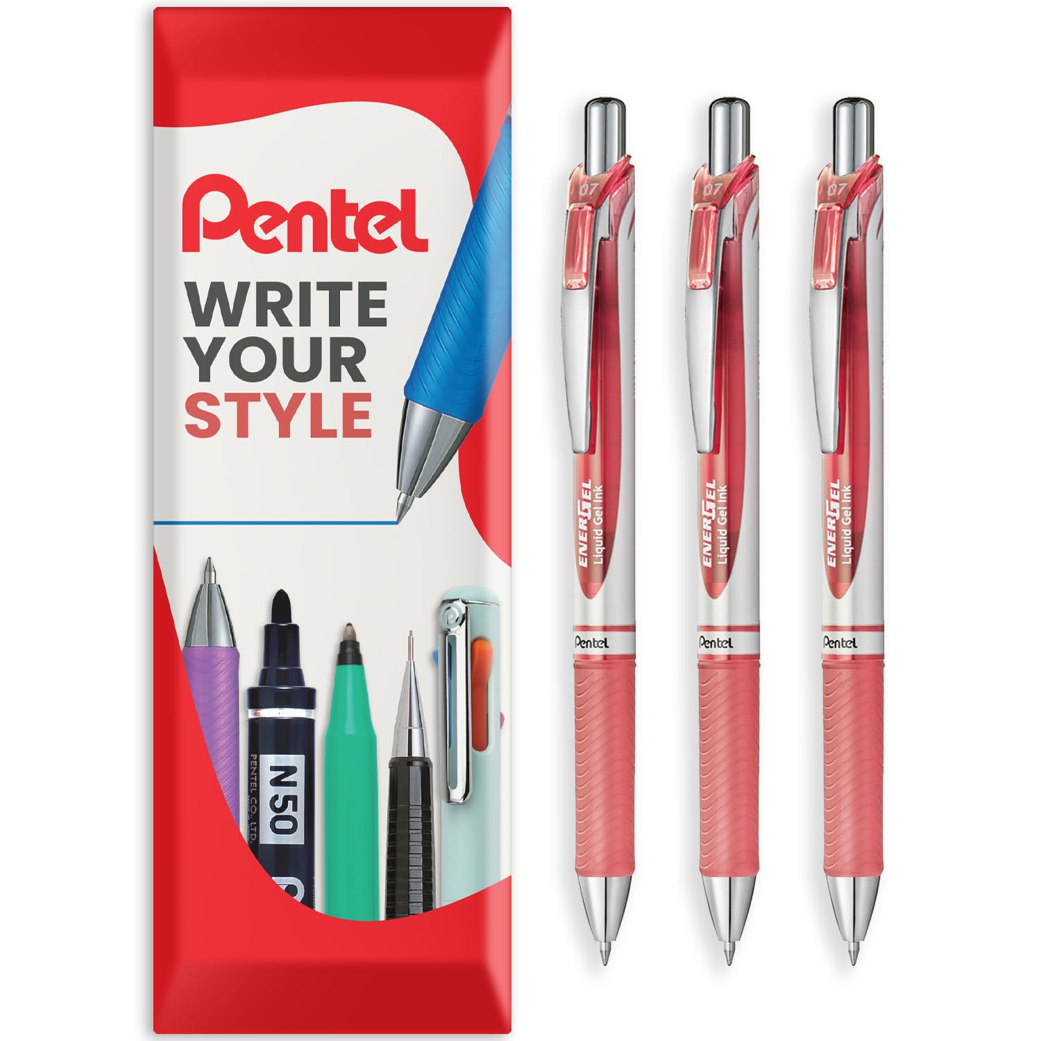 Pentel EnerGel XM BL77 - Retractable Liquid Gel Ink Pen - 0.7mm - 54% Recycled - Coral Pink - In Envelope Gift Packaging - Pack of 3