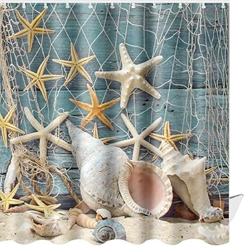 Amazon Com Abxinyoule Beach Shower Curtain Set Conch Starfish Shell Fabric Bathroom Furniture Decor
