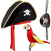 Chanaco 3Pcs Pirate Hat Costume Men Pirate Accessories Women Eye Patch Headband and Shoulder Parrot Outfit Party Favors for Cosplayer