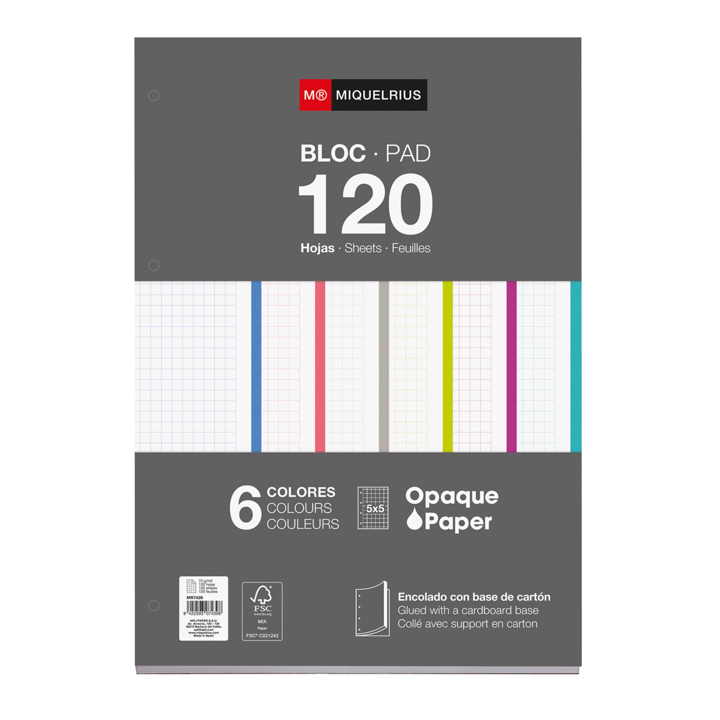 Miquelrius - Glued Refill pad, 120 Squared Sheets 5 x 5 mm, Opaque Paper 90 g/m², Refill A4 Perforated Sheets for Ring Binders or Binders, School Supplies, 6 Colours of Sheets