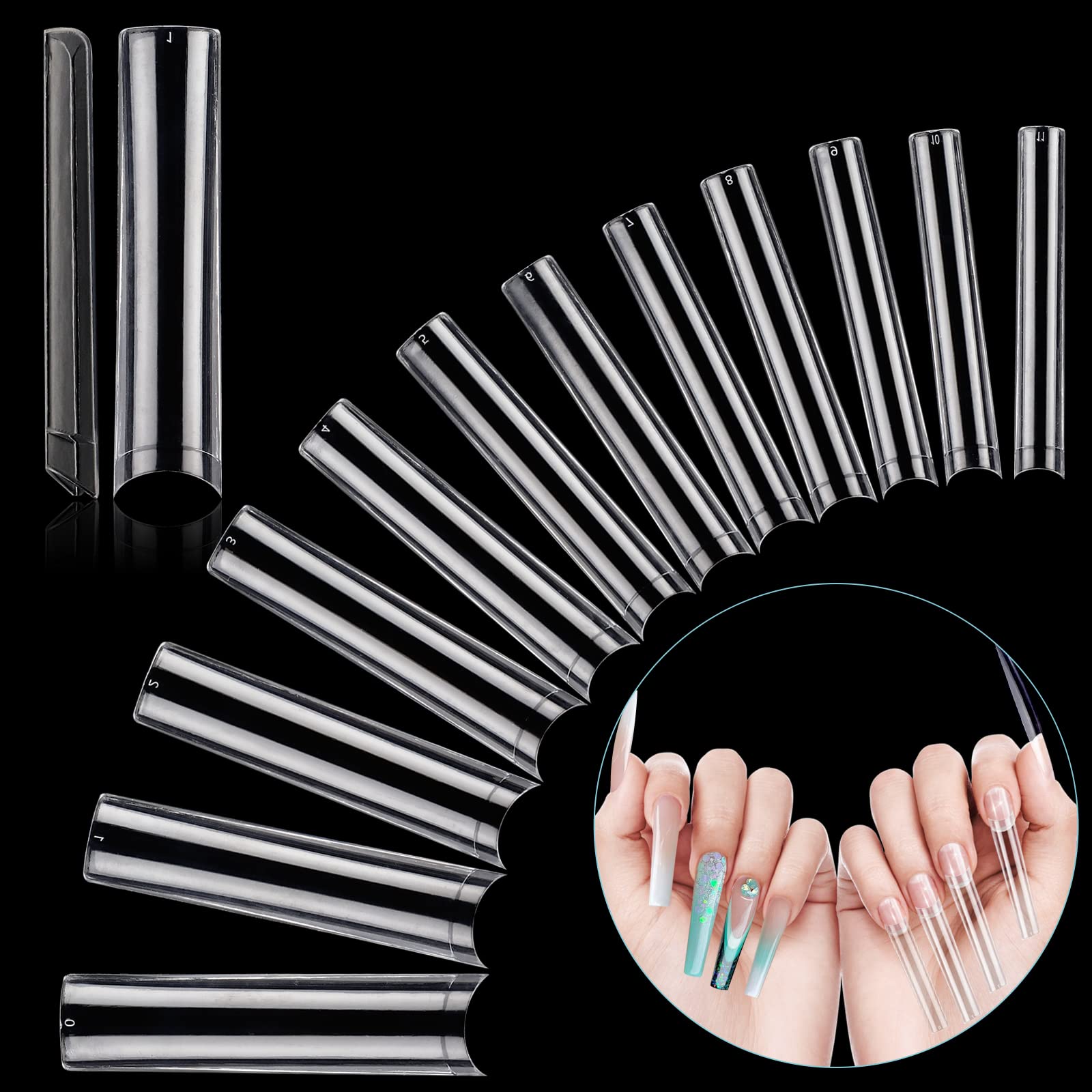 LIONVISON 3XL Extra Long False Nails, 240Pcs Clear C Curve Square Nail Tips Press On Nails, 12 Sizes Half Cover Traceless Straight Nail Tips for Acrylic Manicure Salon DIY Nail Art
