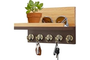 Gurfuy Key Holder for Wall with Shelf - Square Wood Mail Organizer and Rack with Shelf Hooks Wall Mounted for Entryway Decor Magazines Letter Storage Farmhouse Living Room Bedroom Doorway Brown