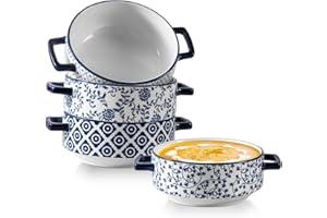 Soup Bowls with Handles - 24oz Ceramic French Onion Soup Crocks Serving Bowls for Pasta Cereal Beef Stew Pot Pies Casserole -