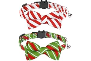 Malier 2 Pack Christmas Cat Collars Breakaway with Bow Tie and Bell, Classic Buffalo Plaid with Snowflake Pattern Kitten Collar with Bow Tie Collar for Cats Kitten Stocking (Red Stripe & Green Stripe)