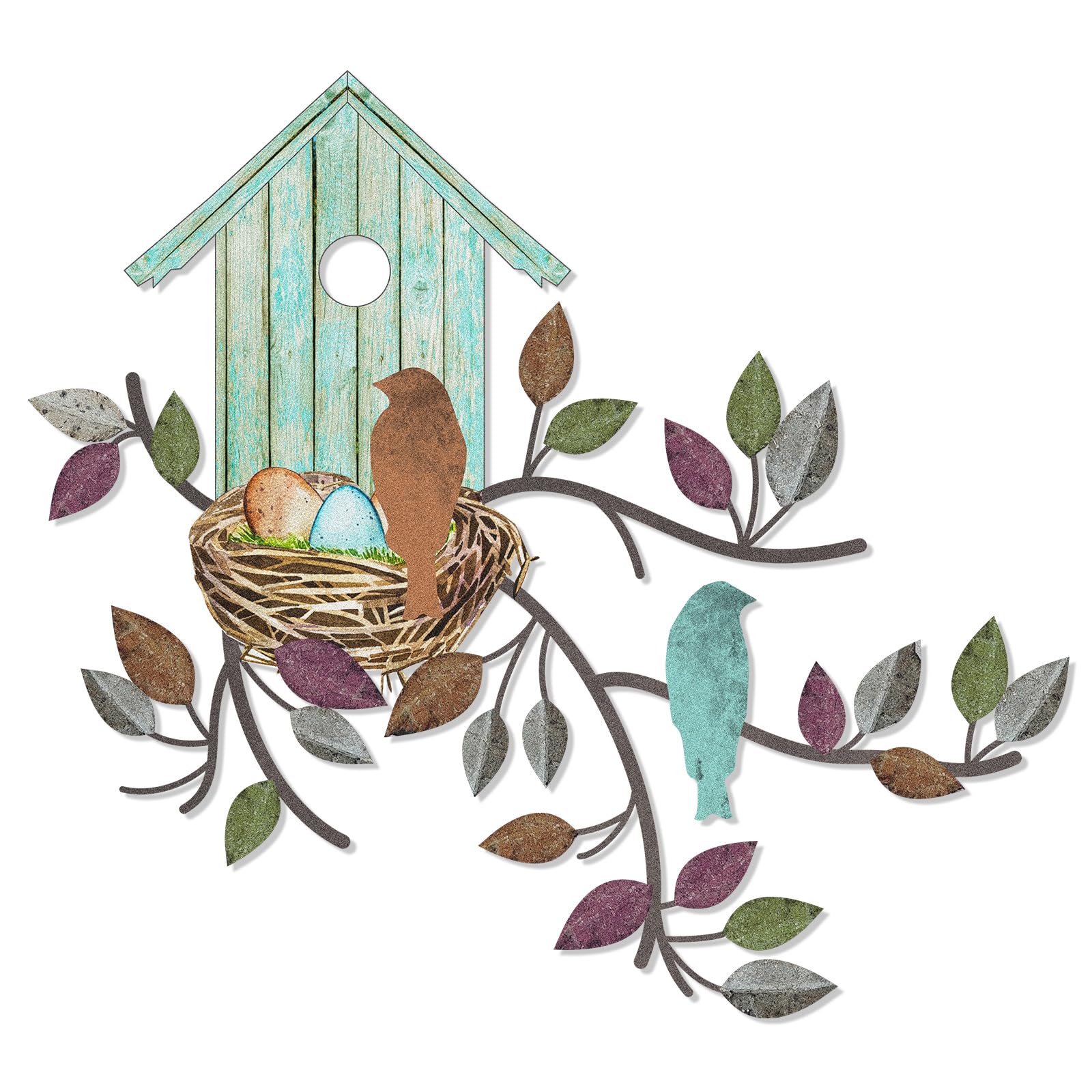Photo 1 of Peryiter Birds Wall Metal Decor for Outdoor Art Hanging Metal Tree with Birdhouse for Living Room Tree Leaf Wall Decor for Indoor Outdoor Garden(Brown, Light Blue)
