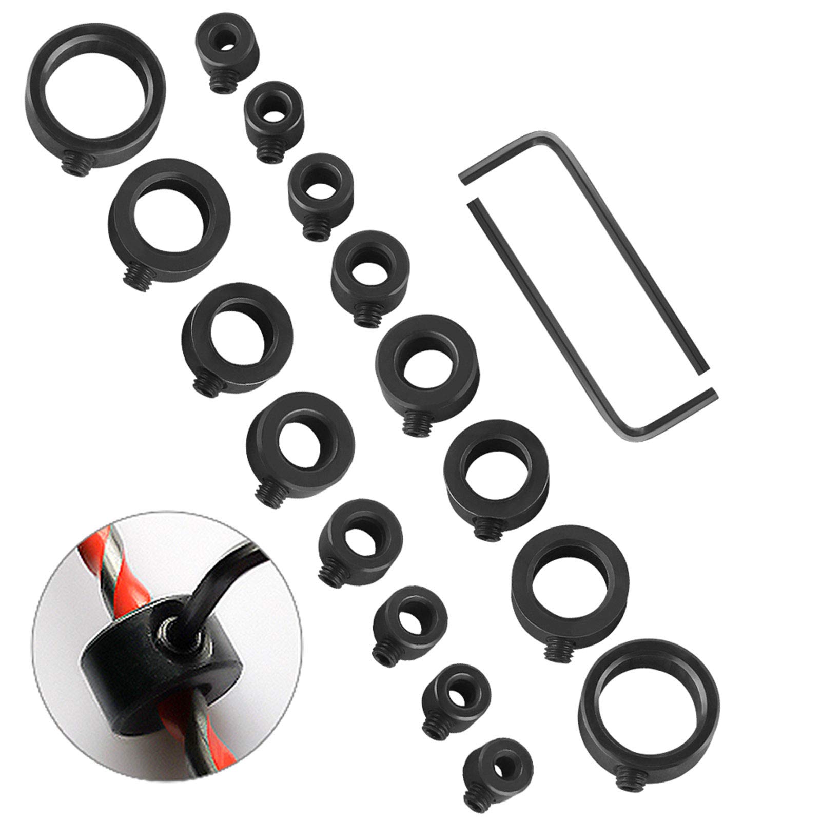 18Pcs Drill Depth Stop, Drill Bit Depth Stop Collar Set, 3/4/5/6/8/10/12/16mm Step Drill Bit Depth Stop Collar Ring Positioner Locator with Hex Wrench for Drill Bits Consistent Drilling