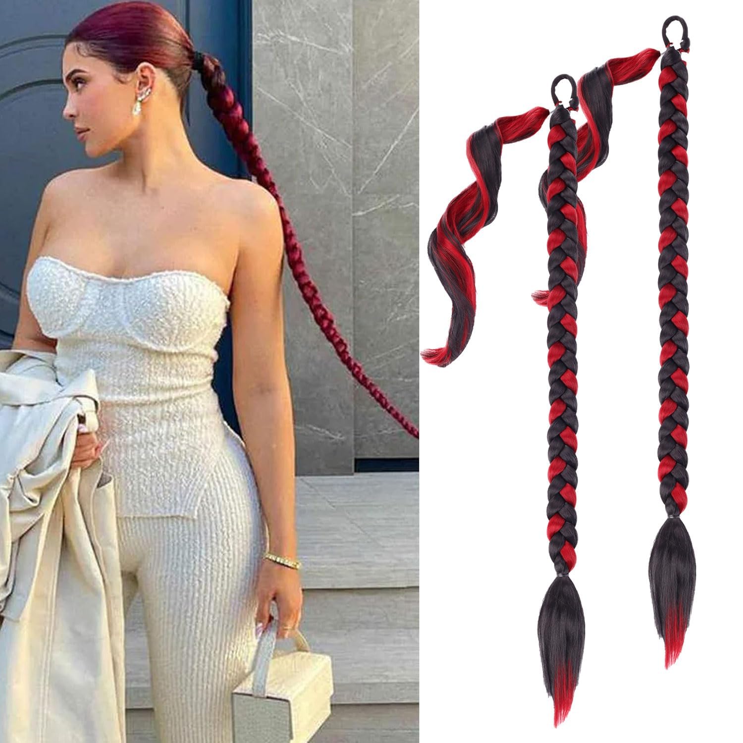 2 Packs Long Braided Ponytail Extension For Black Women Soft Synthetic Hair Piece For Women with Hair Tie Straight Wrap Around Ponytail Braided Hair Extensions pre Stretched (mix bug)