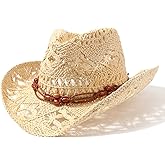 AQOKKA Straw Cowboy Hats for Women Men Western Cowgirl Hats with Shapeable Brim Woven Hollow Out Unisex Beach Roll Up Caps