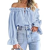 Imily Bela Womens Off The Shoulder Tops Puff Long Sleeve Tie Front Loose Fit Ruffle Shirts Blouses