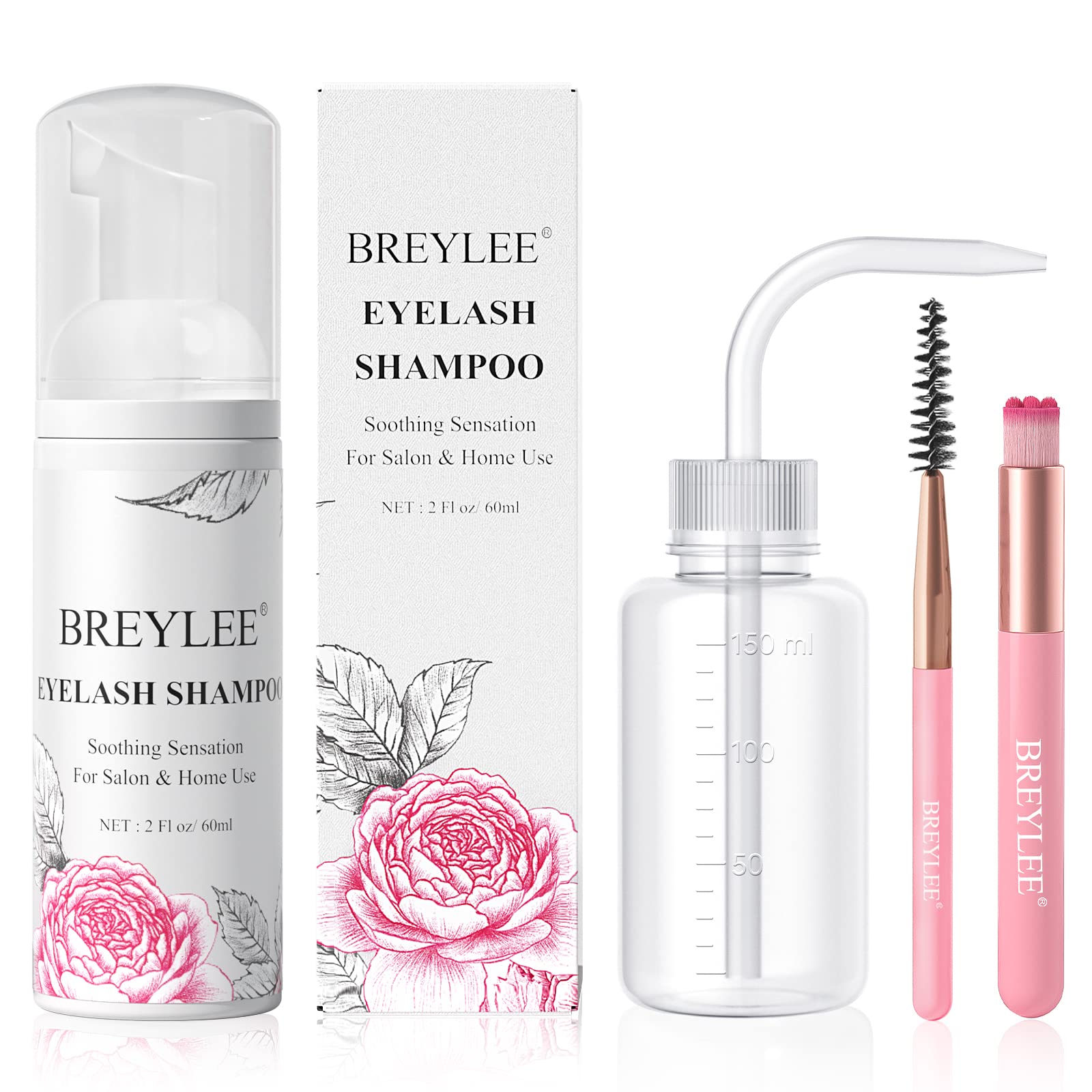 BREYLEE Lash Shampoo, 60ml+Rinse Bottle+Wand+Brush, Eyelash Extension Cleanser for Extensions, Lash Wash, Lash Bath, Lash Cleaner, Paraben & Sulfate Free for Salon and Home Use