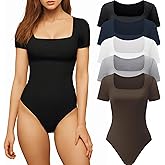 CE' CERDR Women’s 5 Pack Short Sleeve Bodysuits Square Neck T-shirt Basic Casual Tops Body suit