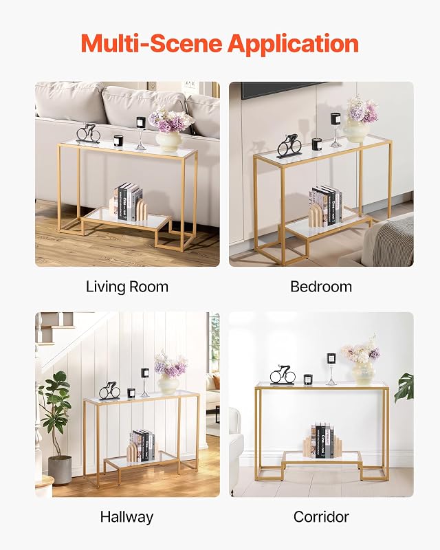 2-stufiger Konsolentisch moderner rechteckiger Flurtisch (107 x 35,4 x 75,5 cm) mit Platte aus gehärtetem Glas, Sofa-Beistelltisch mit Kippschutz für Wohnzimmer Flur Eingangsbereich Foyer