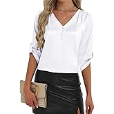 2026 Womens 3/4 Sleeve Shirts Dressy Casual Tops Pleated Satin Silk Business Blouses White Medium