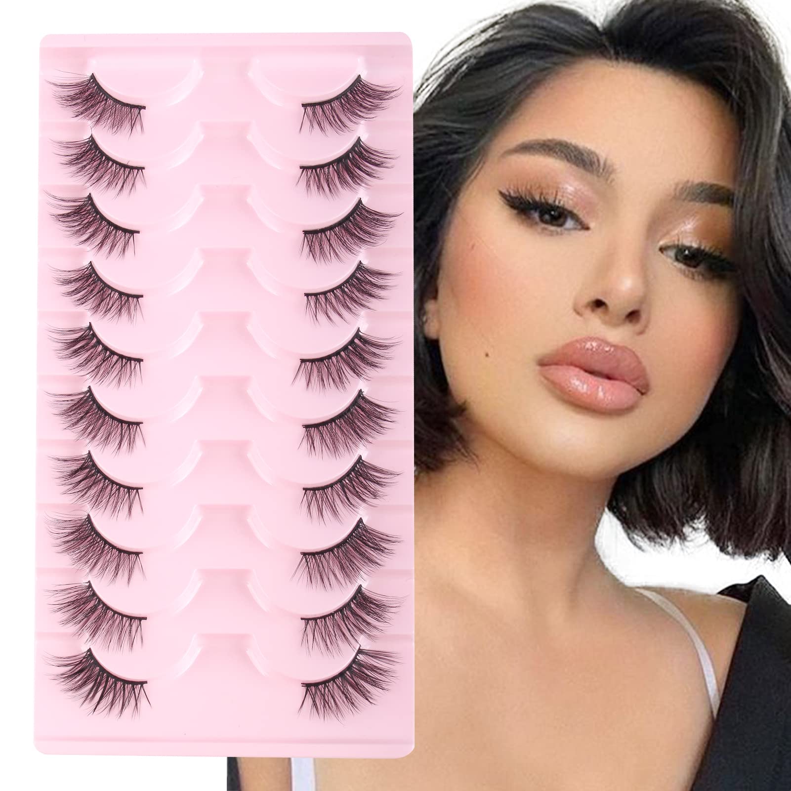 Glowingwin Half Cat Eye Lashes Natural Look Soft Corner 10 Pairs Strip Wispy 3/4 Handmade False Faux Mink Reusable Fluffy Fake Eyelashes