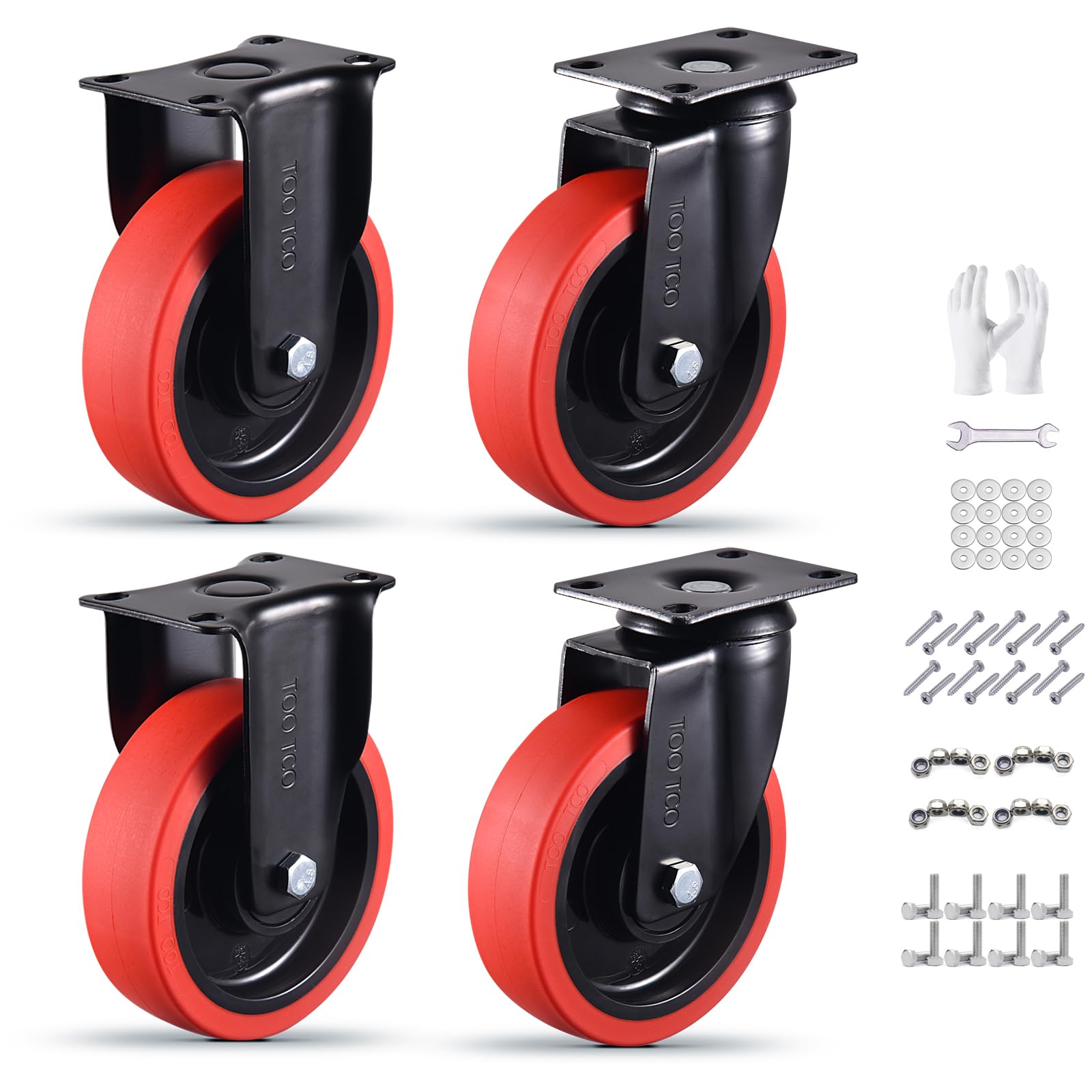 Photo 1 of TOO TCO 5 Inch Heavy Duty Caster Wheels Set of 4 (2 Swivel & 2 Fixed), 3000 LBS Capacity, Premium Rubber Casters, Silent Rolling for Workbench, Cart, Trolley, Dolly, Industrial-Grade Casters