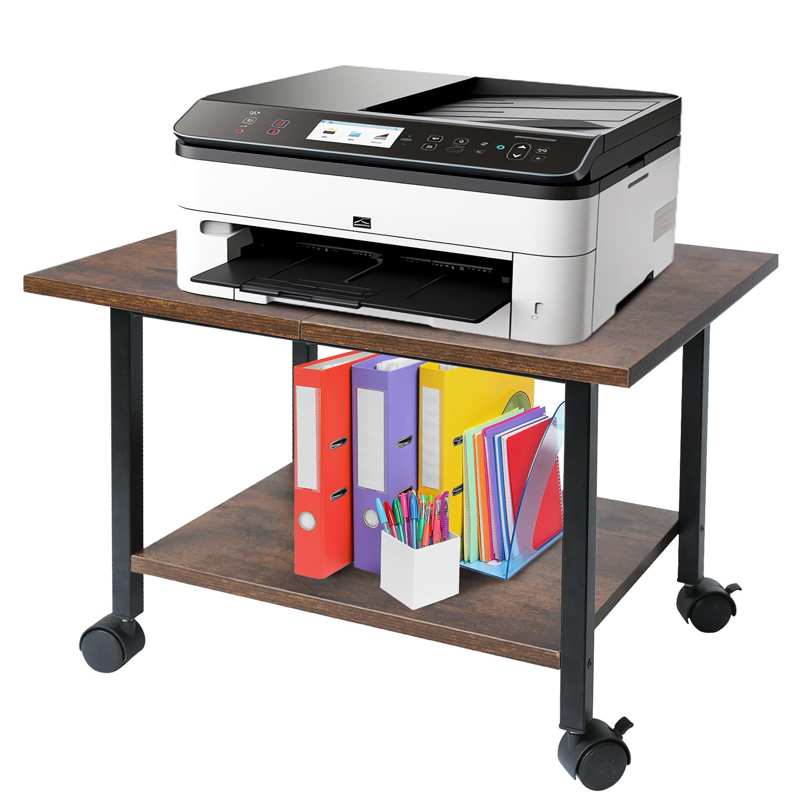 Photo 1 of RANXFLOAT Printer Stand, Under Desk Printer Table with Wheels, 2 Tier Industrial Mobile Printer Table with Storage Shelf, Rolling Printers Cart Holder for Home, Office, Rustic Brown and Black