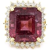 LAWSONS FINE JEWELRY Luxury 14K Yellow Gold Natural Rubellite Tourmaline Ring, 8.55 Carats Red Radiant Cut with Diamond Halo, 0.82 Carats Total Weight