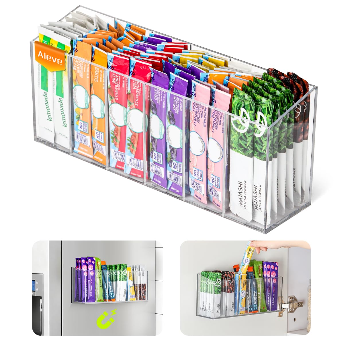 Photo 1 of AIEVE Drink Packet Organizer, Mountable Water Packet Organization Holder with Adhesive & Magnetic Sticker, Pantry Organizers Kitchen Storage for Countertop Table Fridge Cabinet