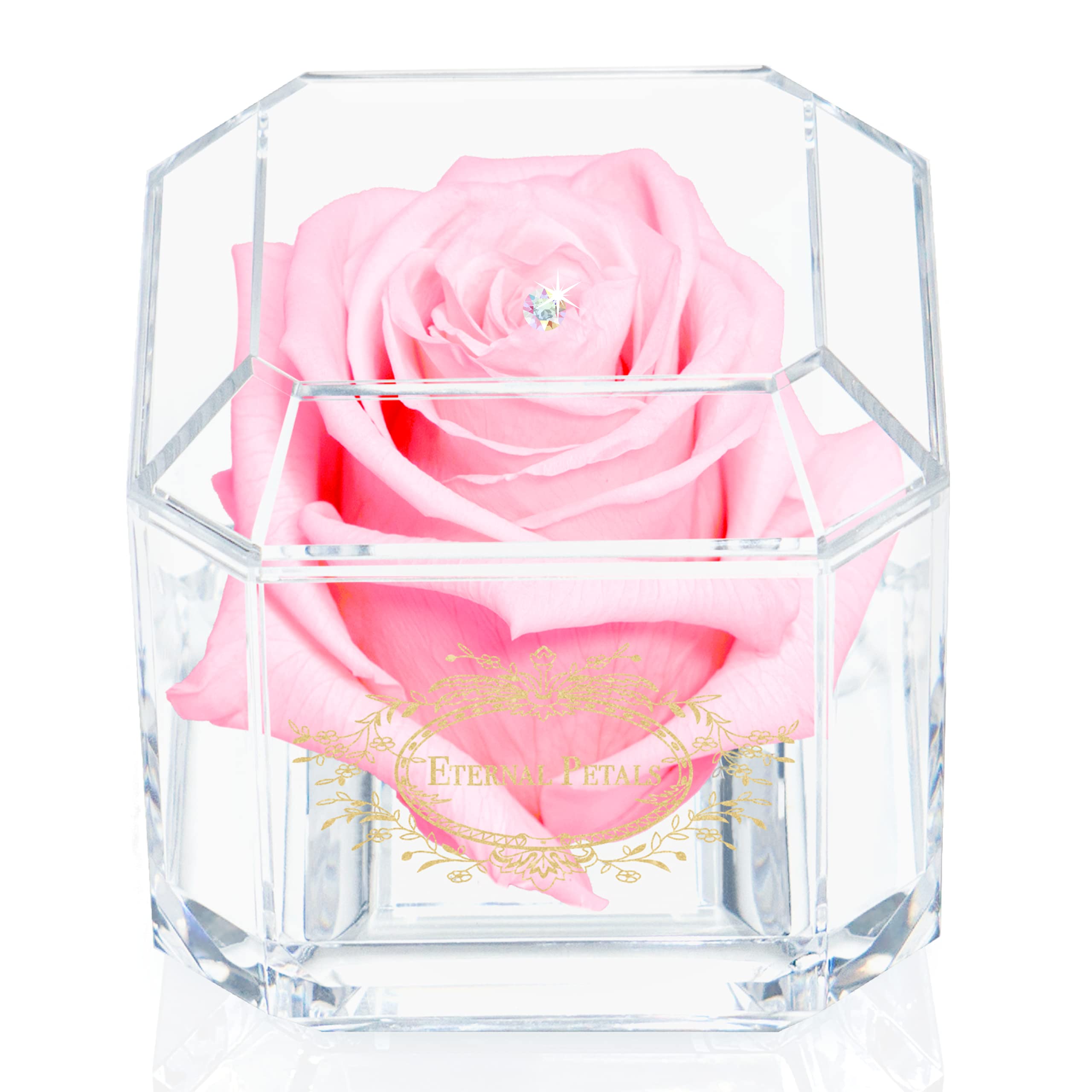Eternal Petals A 100% Real Rose That Lasts Years, Handmade in UK – Gold Solo with A Multicolour Crystal (Light Pink)