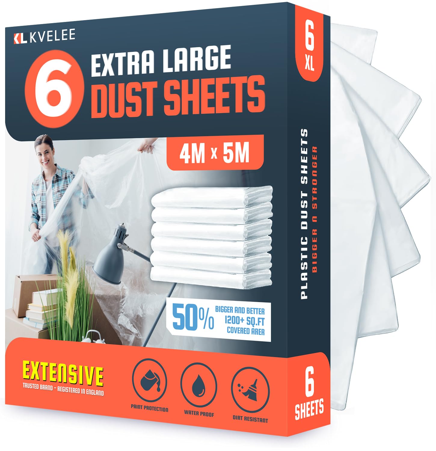 KVELEE - 6 Pack Extra Large Plastic Dust Sheets for Decorating, 4 x 5m (13 x 16ft), Clear Plastic Sheet for Furniture & Floor Protection, Waterproof Plastic Sheeting for Painting & Covering
