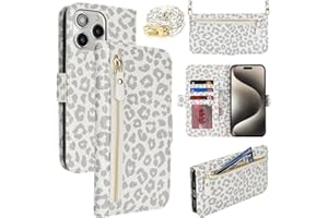 Lipvina for iPhone 15 Pro Max Wallet Case for Women,Zipper Pocket,PU Leather Phone Case Stand flip Cover Crossbody Lanyard Strap Zipper Credit Card Holder Slots for Apple 15 ProMax,White Leopard