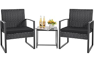 GUNJI Patio Furniture Sets 3 Pieces Outdoor Conversation Set with Coffee Table Patio Wicker Rattan Chairs Set Bistro Sets for Garden, Yard, Lawn, and Balcony (Black)
