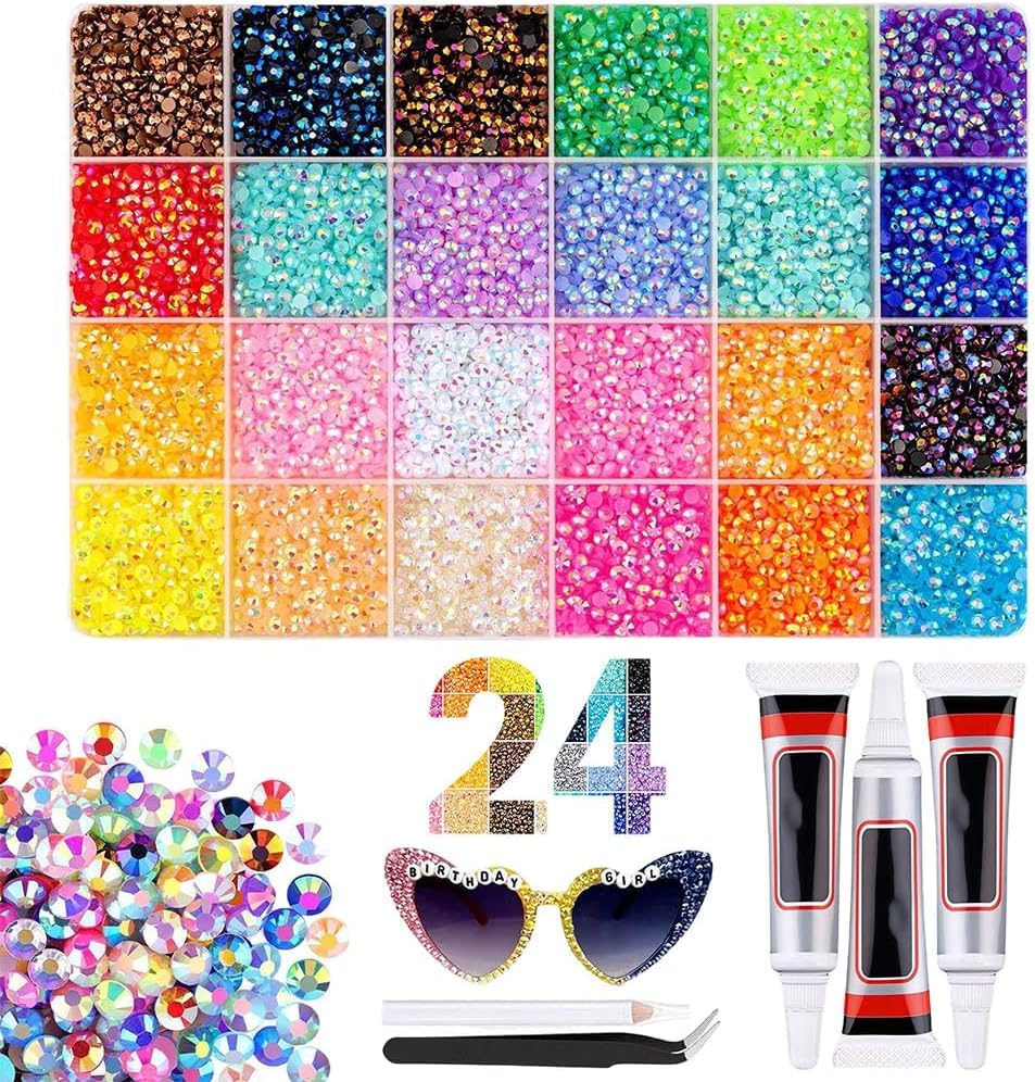 Resin Jelly Rhinestones Kit for Bedazzling - 32,000pcs 3mm DIY Bulk Resin Gems Set with 3 Glues, Pickup Pen & Tweezers for Crafting, Nail Art, Tumblers, Shoes and Clothing Embellishments (24)