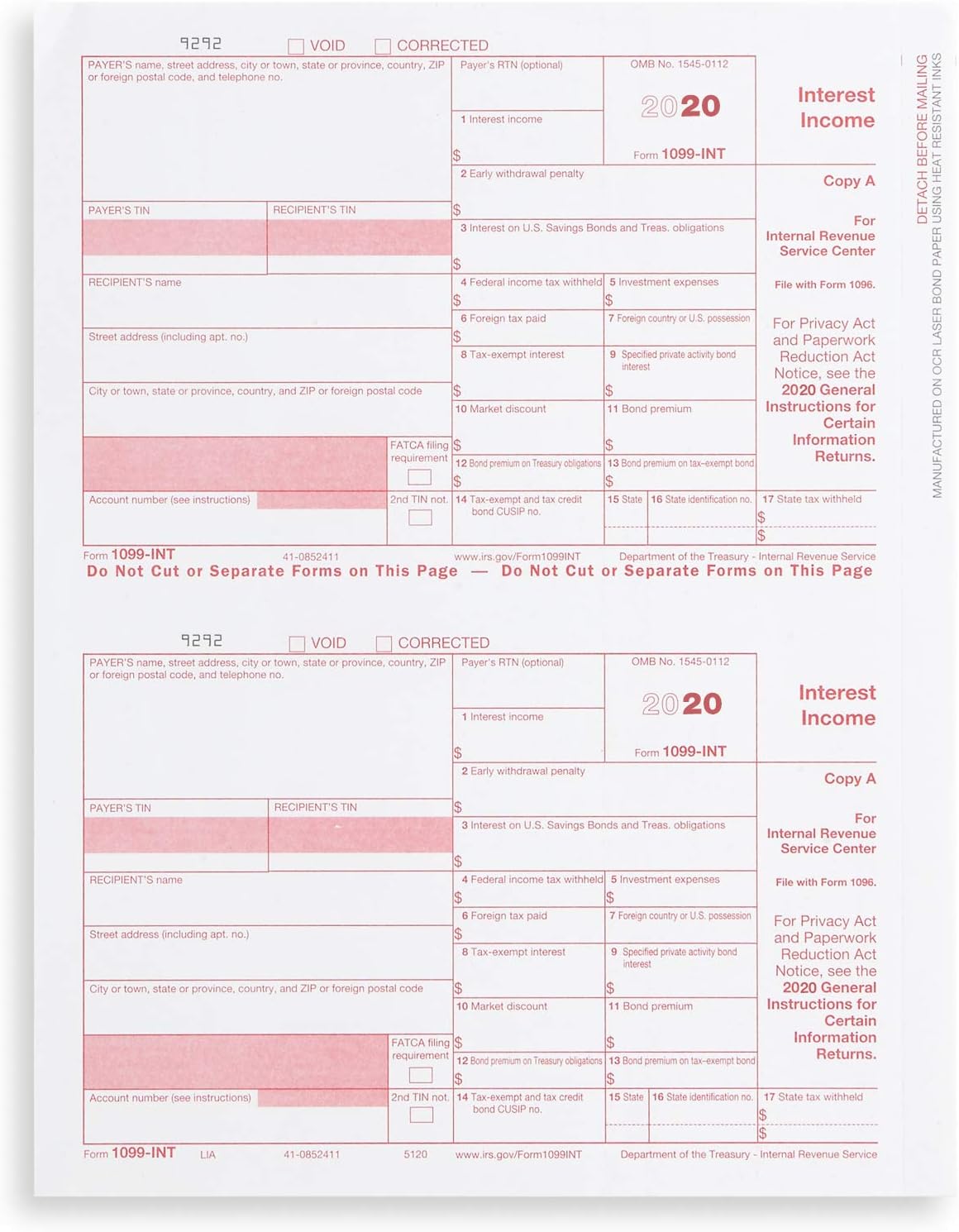 2020 1099 INT 4 Part Interest Tax Forms, 25 Laser Form Sets for Interest Income, Compatible with QuickBooks and Accounting Software, 25 Pack : Office Products