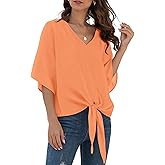 VIISHOW Womens Tie Front Chiffon Blouses V Neck Batwing Short Sleeve Summer Tops Shirts