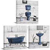 HOMEOART Bathroom Wall Art Bath Tub Painting Picture Bathroom Wall Decor Framed Ready to Hang 12x12inchx3,Deep Blue