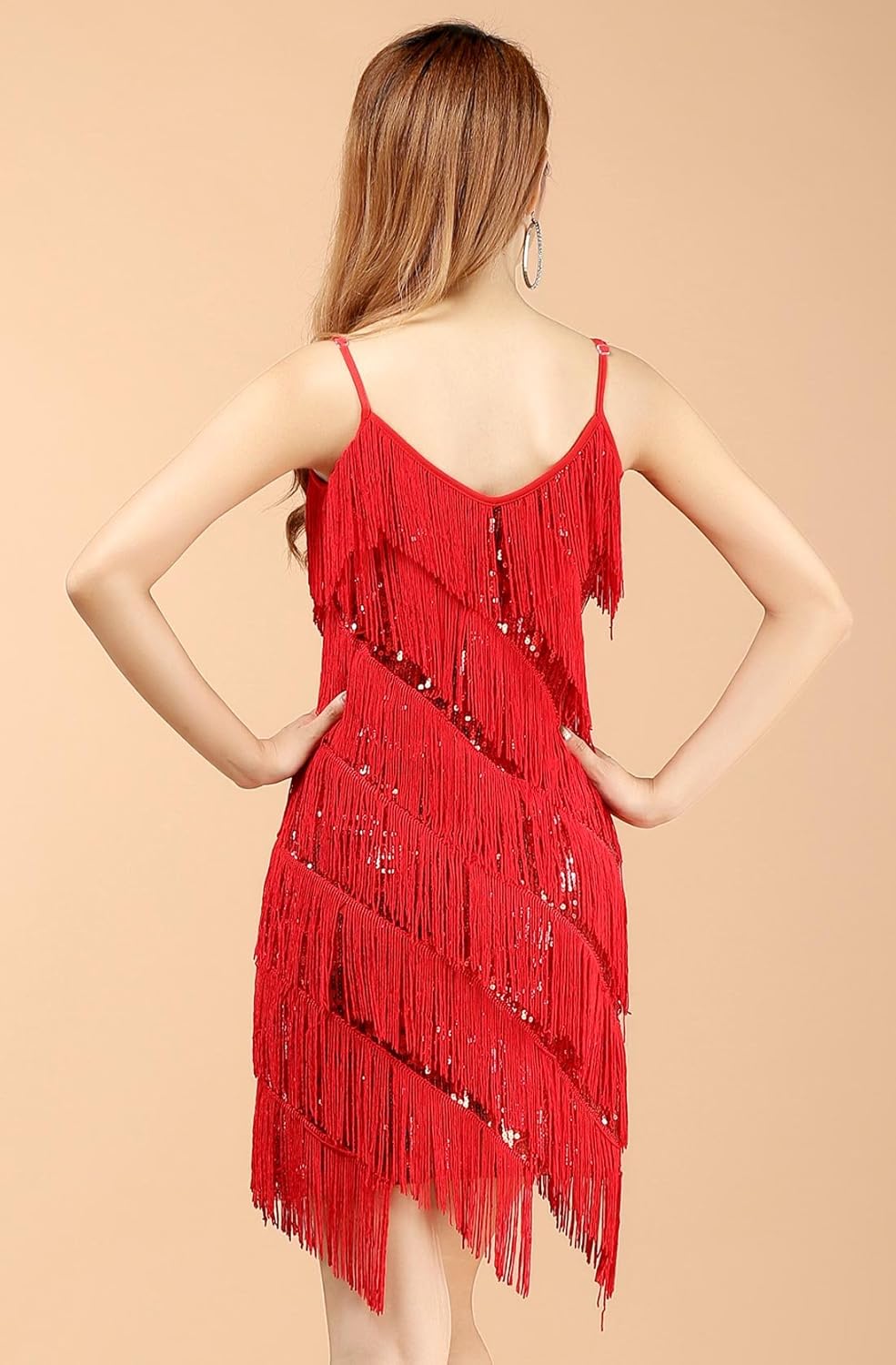 Adult Women 1920s Party Flapper Dress Sexy Sequin Halter Dance Dress for Salsa Samba Rumba Tango Latin Dancing Red: Clothing