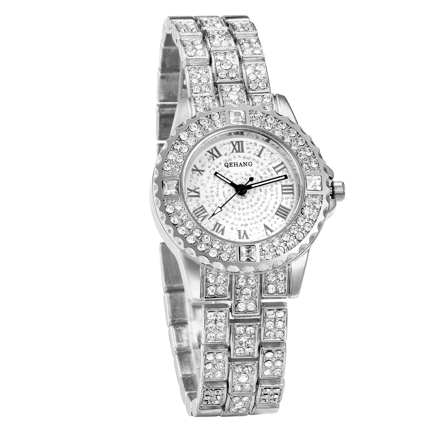 JewelryWe Women Watches Silver Tone Alloy Quartz Watch Stylish Rhinestone Bling Dress Watch Wristwatches