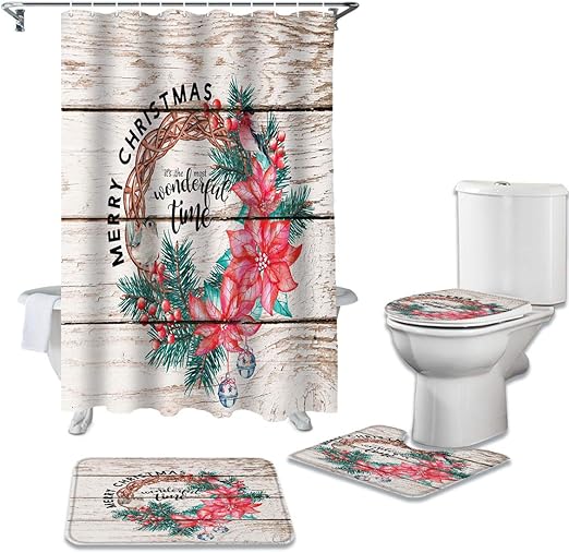 Amazon Com 4 Piece Shower Curtain Sets With Non Slip Rugs Christmas Pine Cone Wreath Bird And Bell Bathroom Curtains Waterproof Farm Wood Barn Decor Doormat Toilet Lid Cover And Bath Mat Home Kitchen