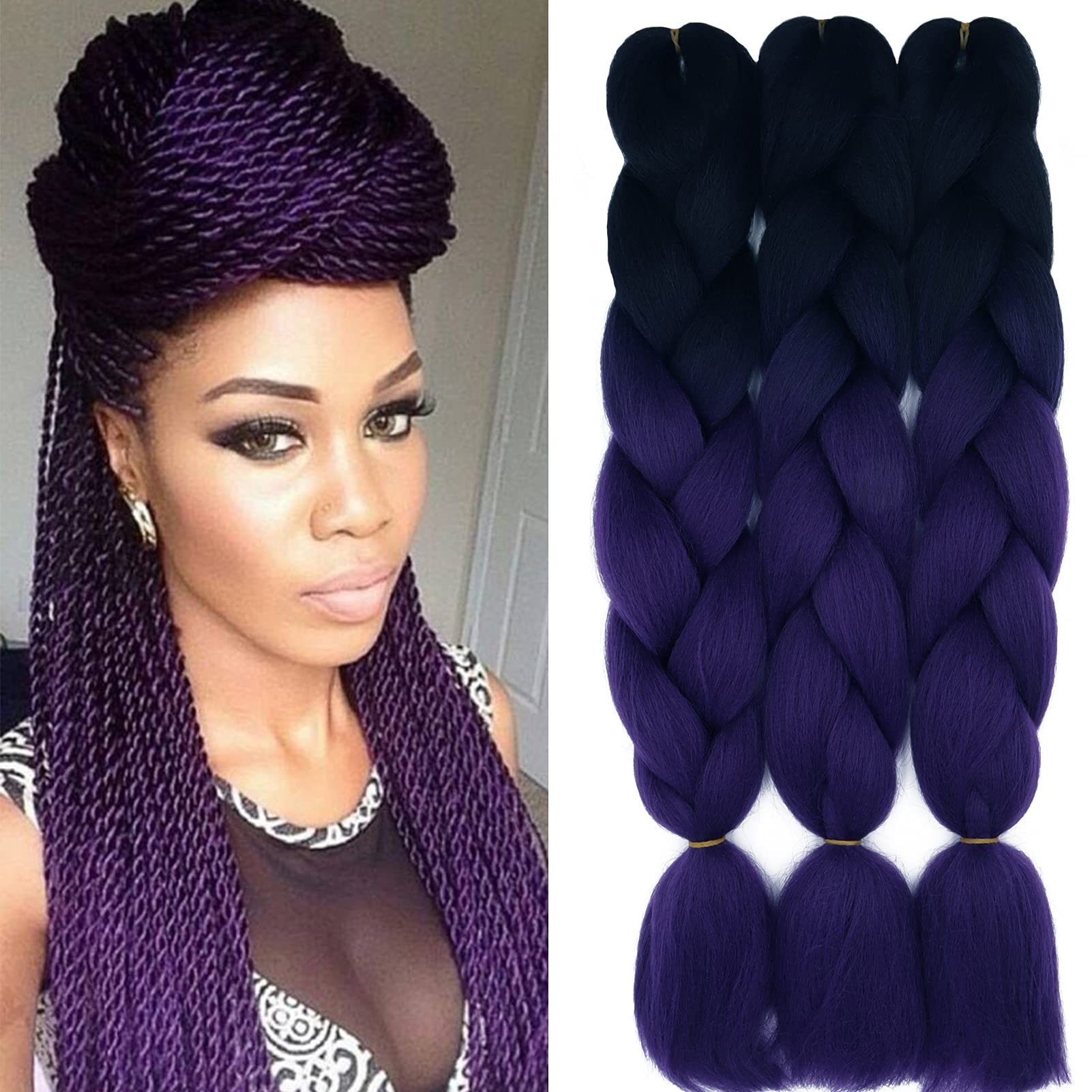 Cybelleza 24inch Braiding Hair Extensions for Braiding Ombre Jumbo Braiding Synthetic Hair 3PCS 300g Crochet Hair Box Braids for Women Braiding (Black & Purple)