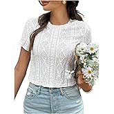 Verdusa Women's Bowknot Split Back Crop T Shirts Elegant Textured Hollow Out Eyelet Vacation Tops