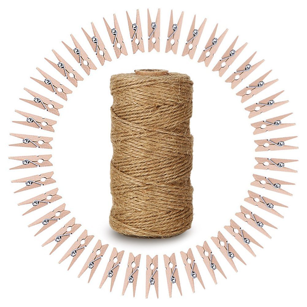 Photo 1 of 328 Feet Natural Jute Twine with 100 Pcs Mini Natural Wooden Clothespins Photo Pegs Craft Pictures Clips