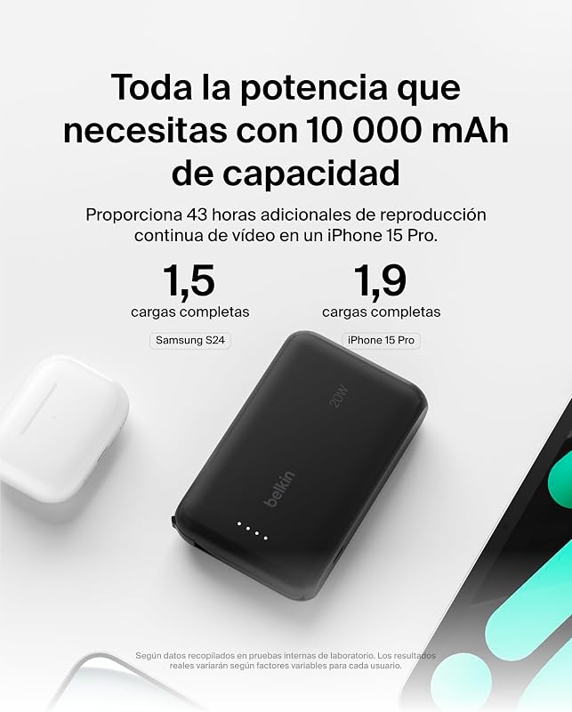 Bateria externa Belkin BoostCharge de 10.000 mAh, Power Bank portátil com cabo PD integrado (20 W), entrega de energia de carregamento rápido USB-C 10K, carregador móvel, preto