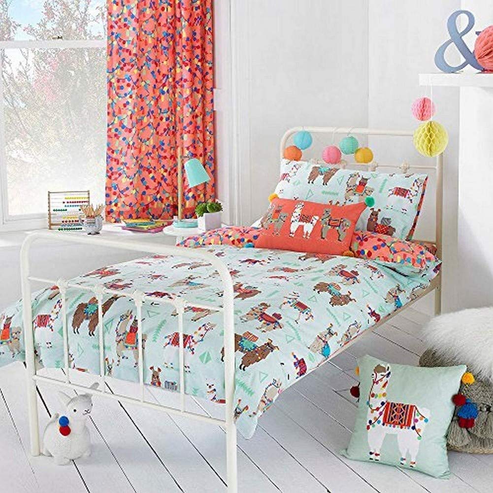 Riva Home Paoletti Kids Llamarama Toddler Duvet Cover Set - Multicolour Mint Green - Reversible Llama Design - 1 x Pillowcase Included - PolyCotton - Machine Washable - 120 x 150cm (47" x 59" inches)