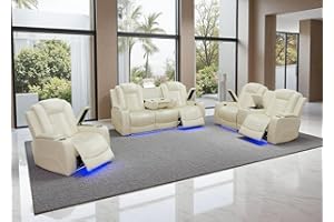 Toseslo Power Recliner Sofa Set with Drop-Down Table, 3-Piece Leather Reclining Sofa Sectional Couches, Living Room Furniture Sets, Reclining Sofa with Cup Holders for House(Creamy White)
