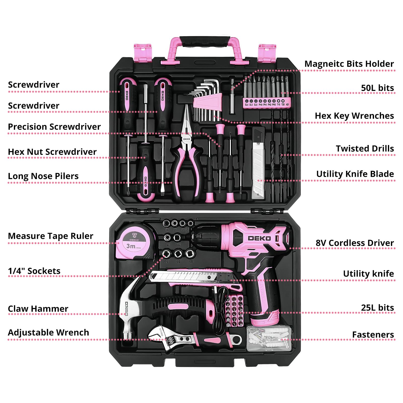 DEKOPRO Drill Set, Home Tool Set with 8V Pink Cordless Drill, Hand Tool Kit for Women, 126 pcs