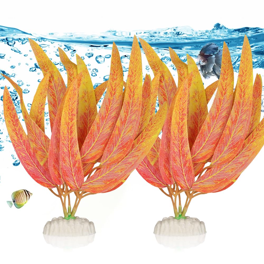 BEGONDIS 2Pcs Artificial Aquatic Plants Set - Lifelike Plastic Leaves for Aquarium Decoration, Easy to Maintain, Vibrant Underwater Garden (Orange)