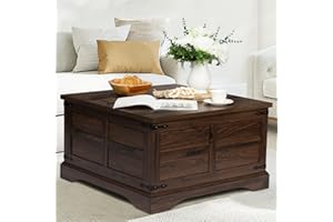 Wnutrees Farmhouse Coffee Table with Hinged Lift Top and Large Hidden Storage Compartment, Rustic Square Wood Central Table f