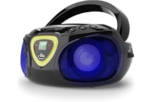AUNA Roadie KIDS Boombox, Top loading CD Player, Bluetooth Connectivity for Smartphones, Easy AUX, USB, Radio and MP3 Connectivity, Portable, Plug in or Battery Powered, LED Display