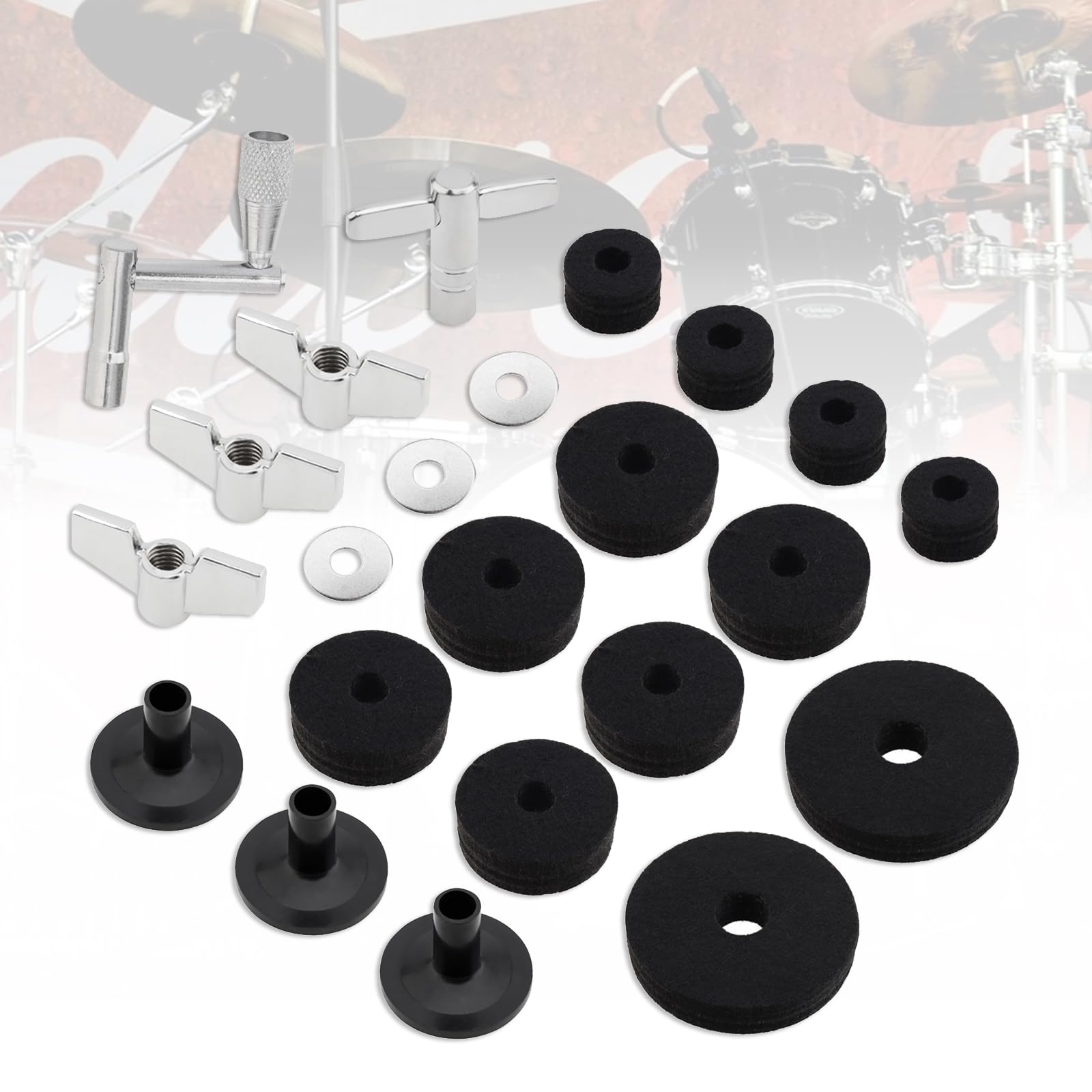 MuzcYM 23pcs Standard Size Cymbal Stand Sleeves and Felt for Drum Set with Base Wing Nuts Cymbal Washer and Drum Keys, Black Cymbals Stand Felt Pads Replacement